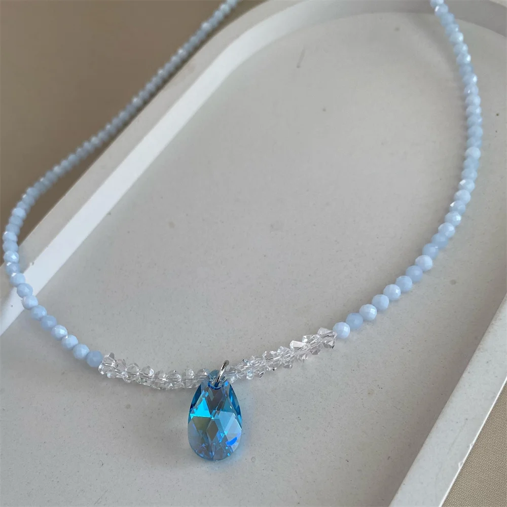 Fashionable Retro Sexy Droplet Crystal Pendant Necklace For Women Bohemian Geometric Baroque Blue Crystal Chain Jewelry