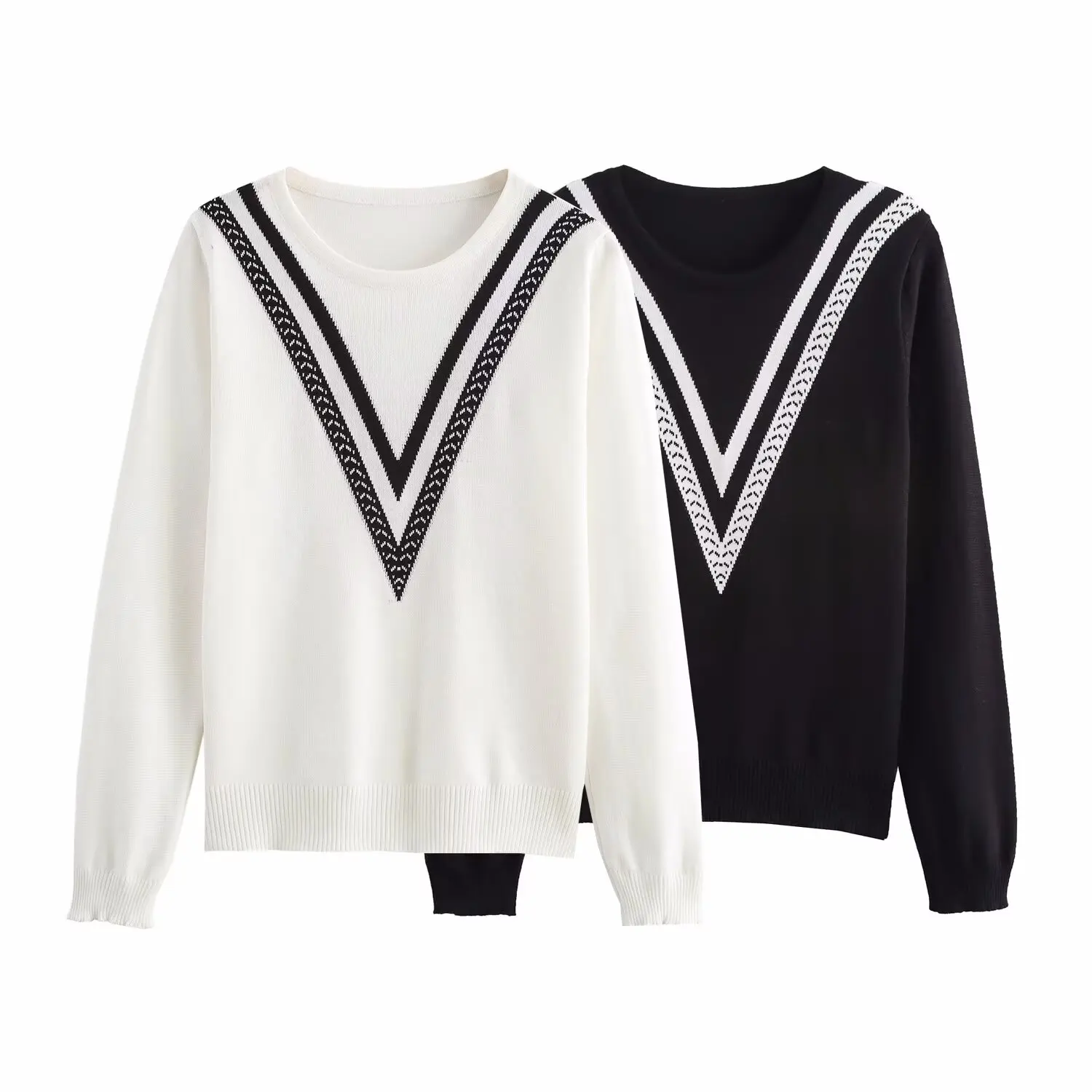 

Spring Autumn 2025 New Sle Two-color Contrast Long Sve round Ne Knitted Sweater Street Sle Polyester Fiber Low round...