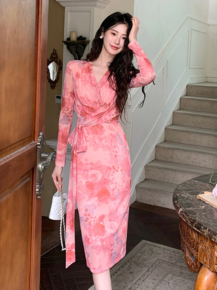 Women Clothes Sweet Mesh Floral Print V-Neck Slim Bandage Midi Pencil Dress Elegant Commute  Vestidos Robe Casual Autumn Korean