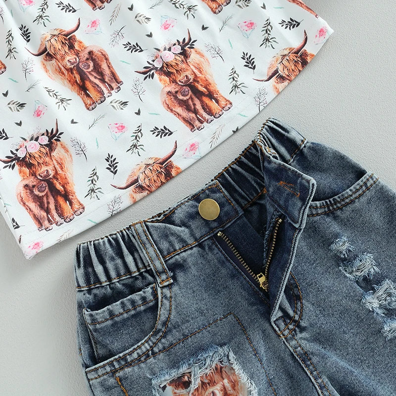 Western Baby Girls Clothes Cow Print Summer Tops and Elastic Ripped Denim Shorts 2 Piece Outfit