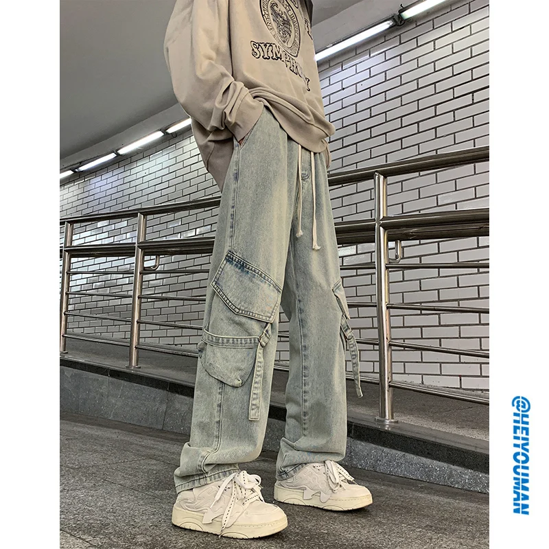 

Американские джинсы в стиле ретро для мужчин, прямые брюки в стиле High Street Vibe, весенне-осенние новые свободные джинсы для подростков