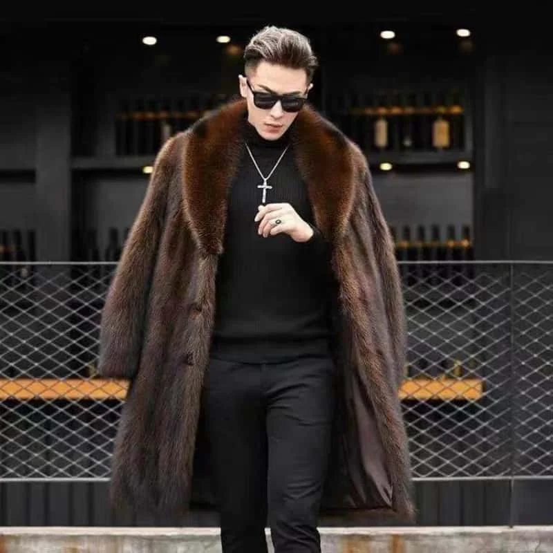 New Luxury Men's Imitation Mink Long Coats Winter Warm Thick Fashion Lapel Collar Long Sleeve Loose Casual Brown Male Overcoat