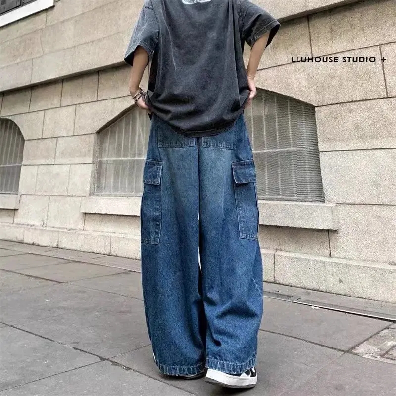 Jeans Longgar Kaki Lebar Retro Kasual Dicuci Pria Semua Cocok Lurus Hip Hop Overall Saku Besar Jeans Biru untuk Wanita Streetwear