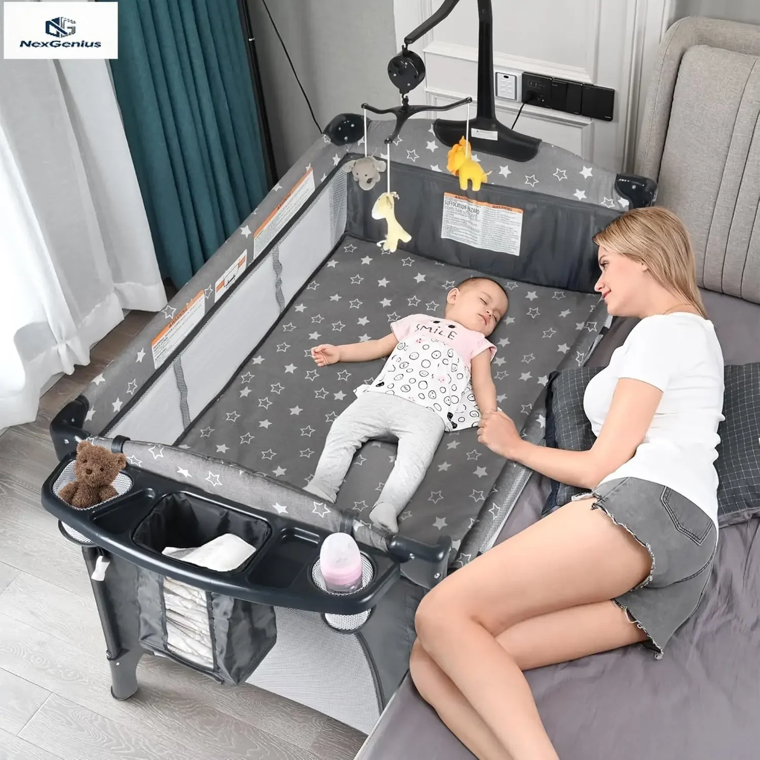 Bedside Bassinet for Baby, Portable Baby Crib with Mosquito Net, Mattress, Diaper Changer, Playpen for Newborn to Toddles, Pack
