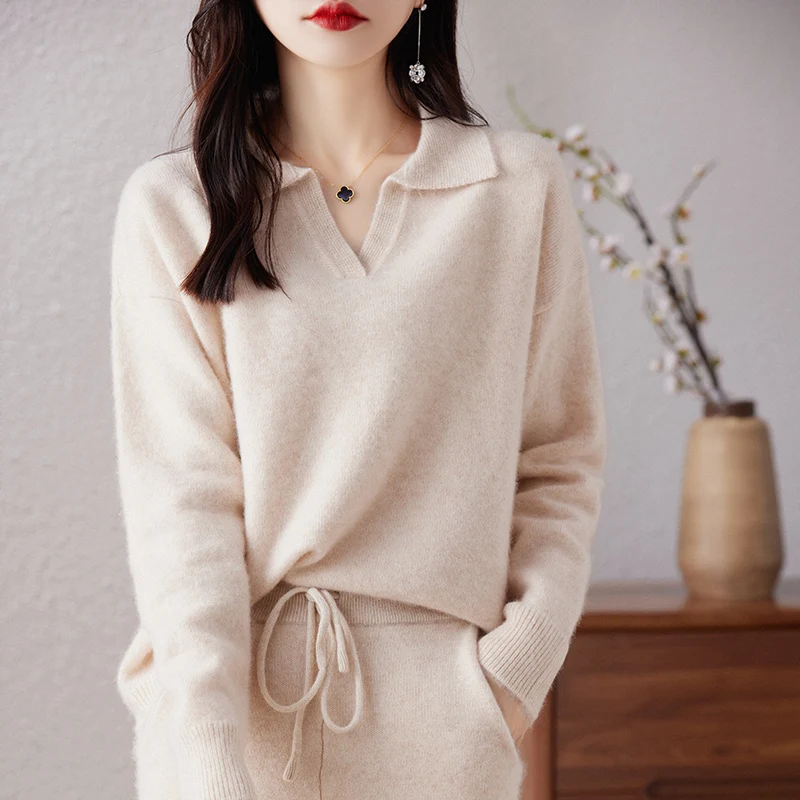 Fashion Loose Women\'s 100% Pure Wool Set New 2023 Long Sleeve Knitted Polo Pullover Sweater Long Wide Leg Pants Two Piece Wool