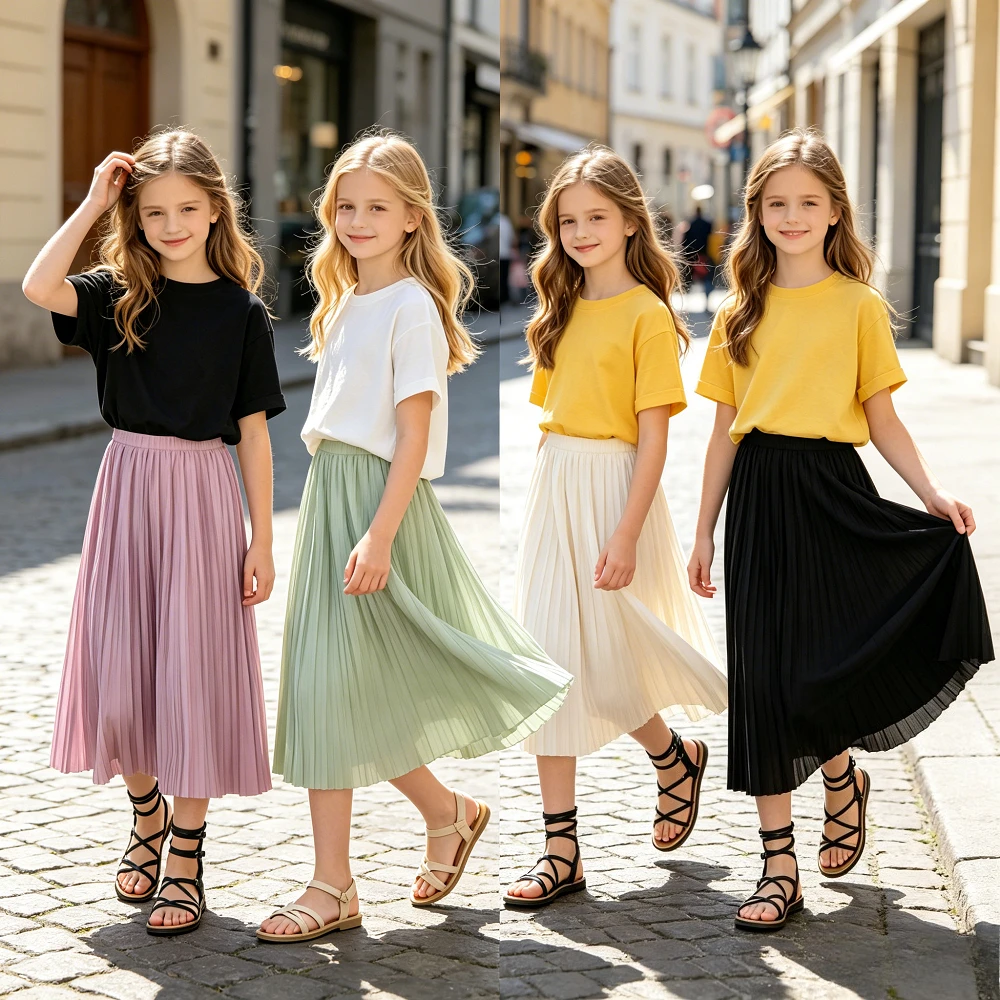 Mädchen Plissierter Langer Rock Elastische Hohe Taille Fließender A-Linien-Prinzessinnenrock Kinder Alltags-, Schul-, Urlaubs-, Party- und Freizeitkleidung 3-12 Jahre