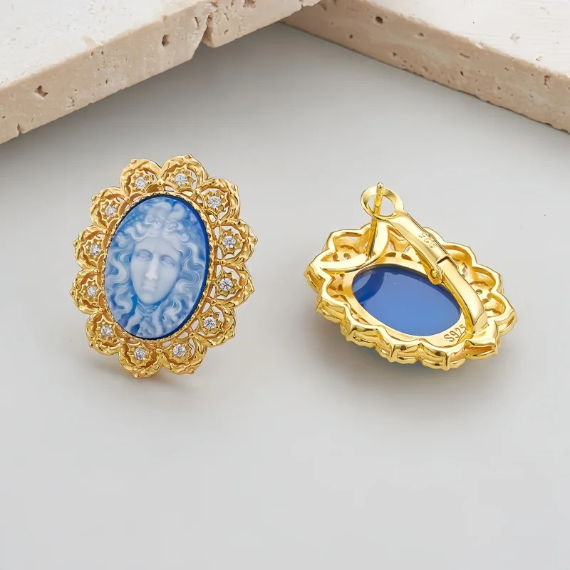 BBOCAI NEW S925 Sterling Silver Stud Earrings for Women Relief Blue Agate Beauty Girl Charms Gilded Ear Stud Fine Choice Jewelry