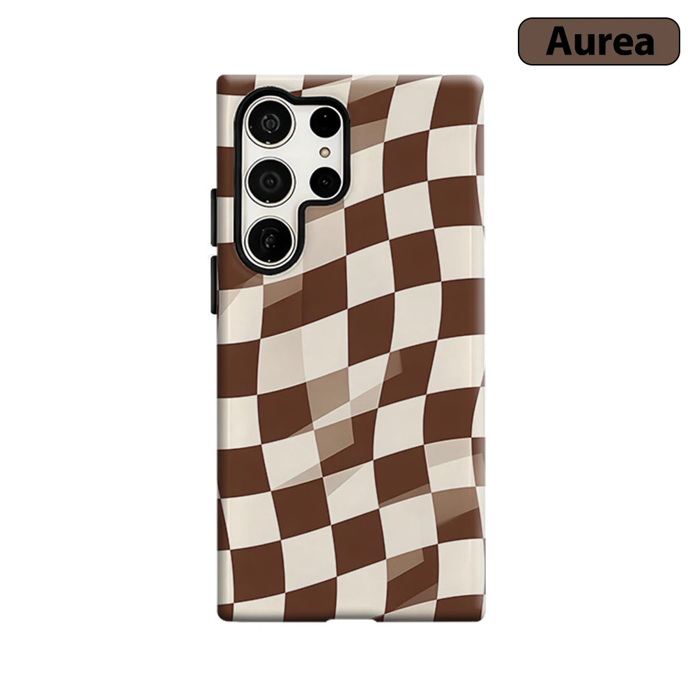 Brown Checkerboard Phone Case for Samsung Galaxy S26 S25 Ultra S24 S23 Ultra Plus Shockproof Double layer tough Back Cover