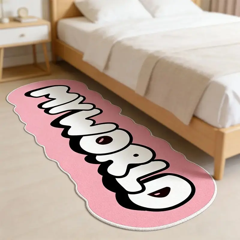 VIKAMA Pink Wave Lettering Flannel Bedside Rug for Bedroom Long Runner Mat Plush Cozy Aesthetic Washable Home Decor