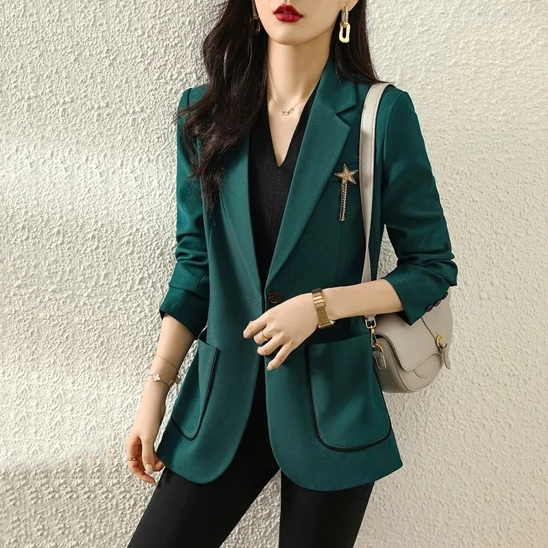

Green Small Suit Jacket Women Spring Autumn 2025 New Blazer Coat Advanced Design Sense Long Outerwear Casual Overcoat Female Top