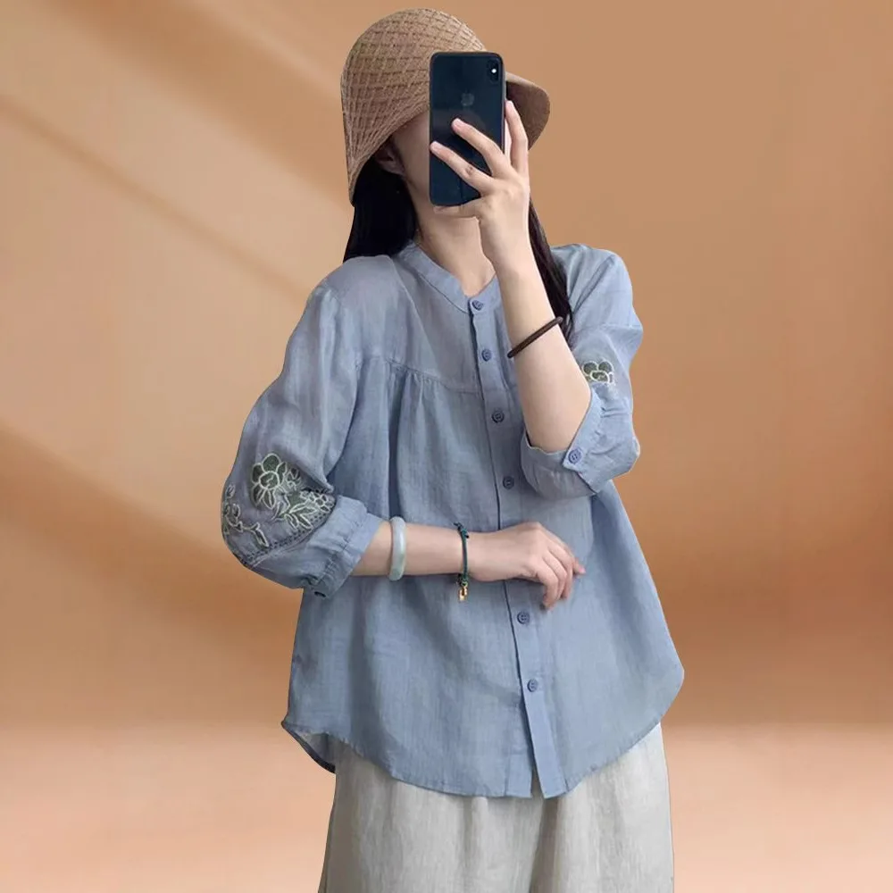 Women's Cotton-Linen Shirt, Spring-Summer Style, High-Quality, Finely Embroidered, Loose-Fitting, Tummy-Covering, Three-Quarter