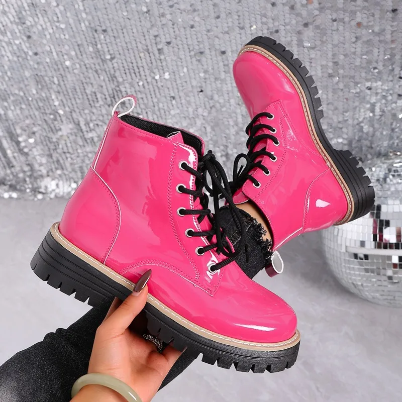 

Patent Leather Lace-up Platform Booties New Round Toe Non-slip Block Heel Shoes for Autumn and Winter
