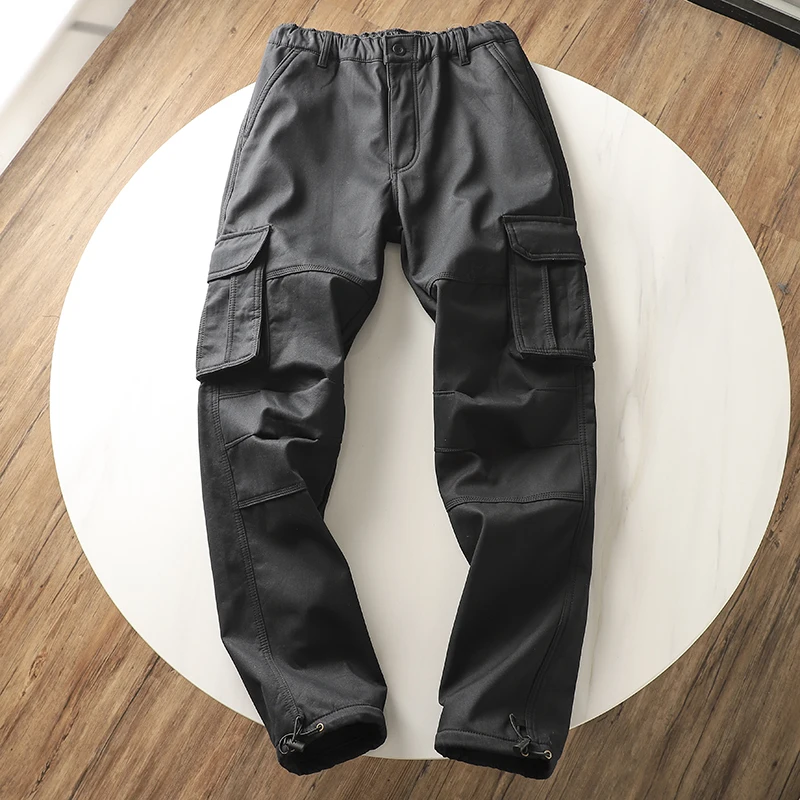 겨울 남성 양털 카고 바지 새로운 캐주얼 바지 두꺼운 따뜻한 검은 전술 바지 여러 포켓 남자 바지