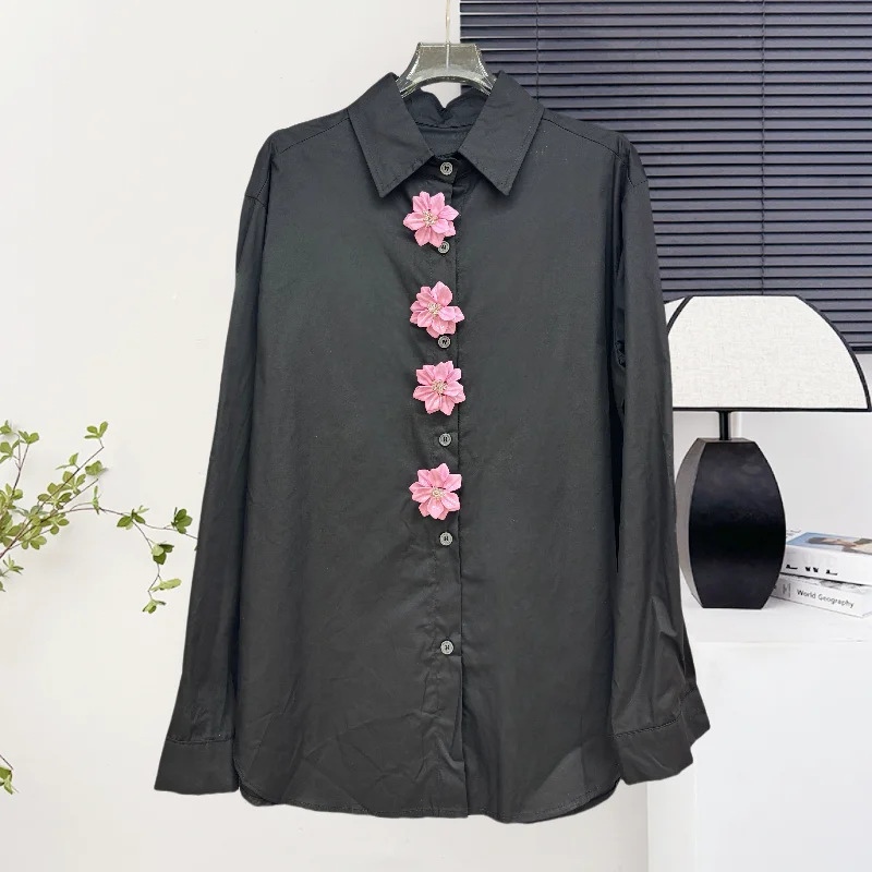 

2025,New,European,Clothes,Loose,Blouse,Fashion,Sexy,Turndown collor,Button,3D,Flower,Single-breasted,Women,Long Sleeve,Tops,5603