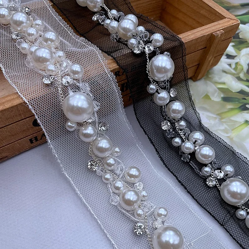 

6Yards/Piece Pearl Rhinestone Lace Trim 5CM Sew On Mesh Dubai Beaded Fabric For Clothes Sewing Trimmings And Embellishments