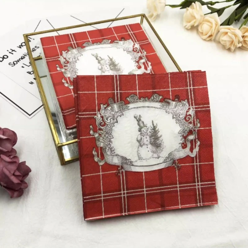 ColorfulPrinted Napkins Christmas Plaid Cartoon Snowman Christmas Festival Party Tissue Paper Wine Glass Folding Paper wholesale