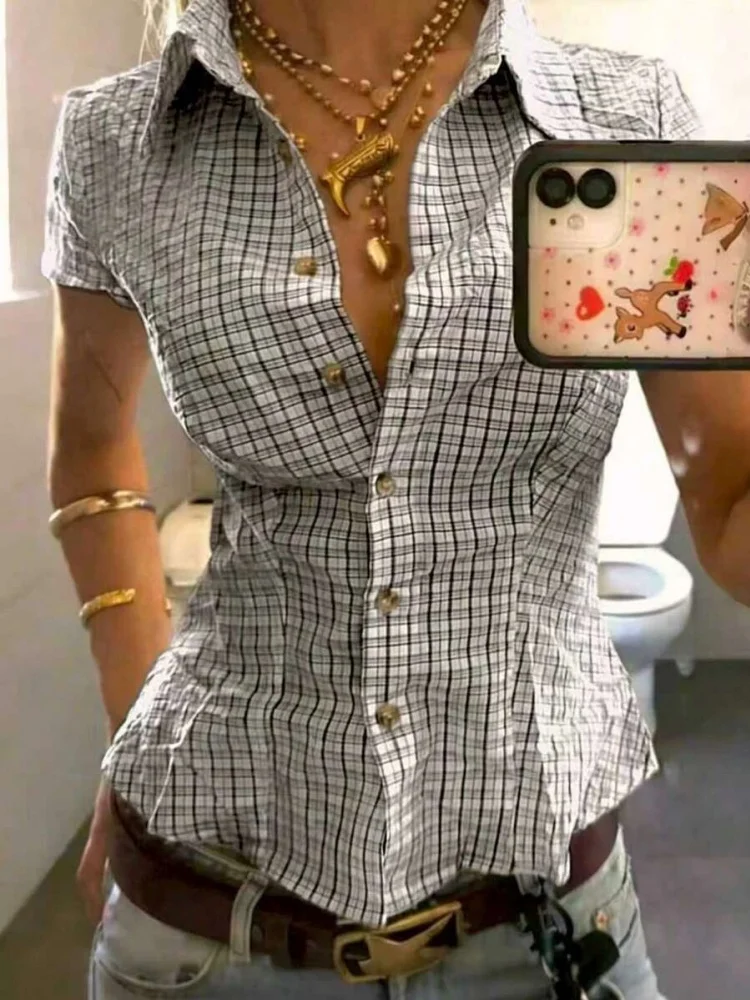 Women Plaid Short Sleeve Turn-down Collar Ruffles Hem Button Semi-Fitted Shirt Summer Commuting Streetwear Tee Top Y2K Crop top