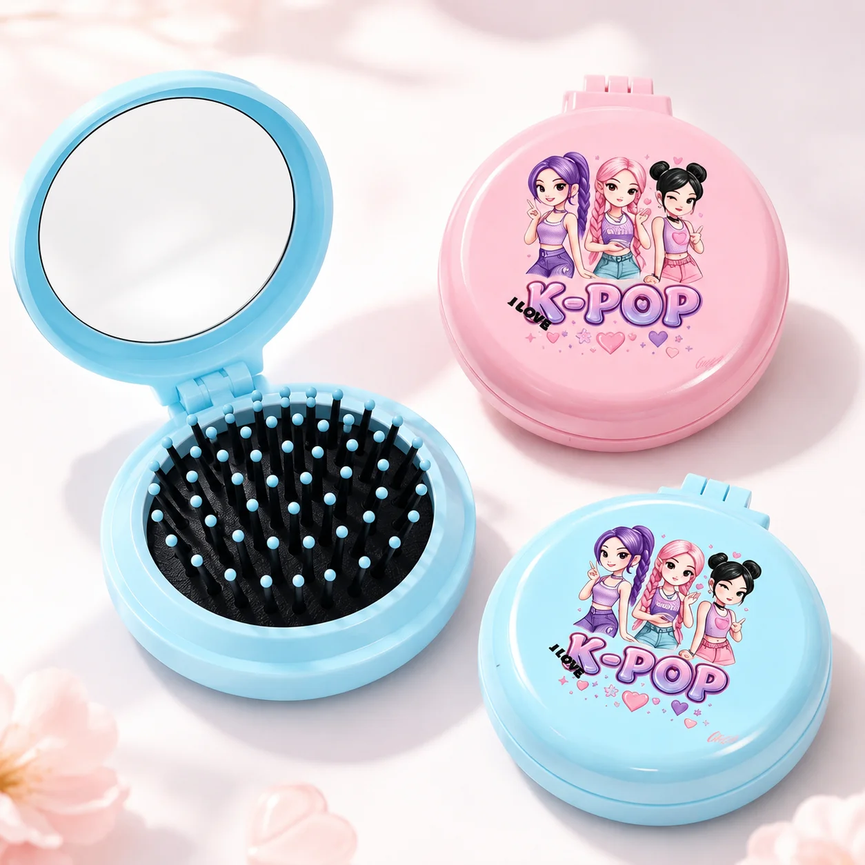K-Pop Style Folding Hair Brush Mirror, 2 in 1 Portable Pocket Comb for Women, Cute Travel Makeup Bag Accessoryl