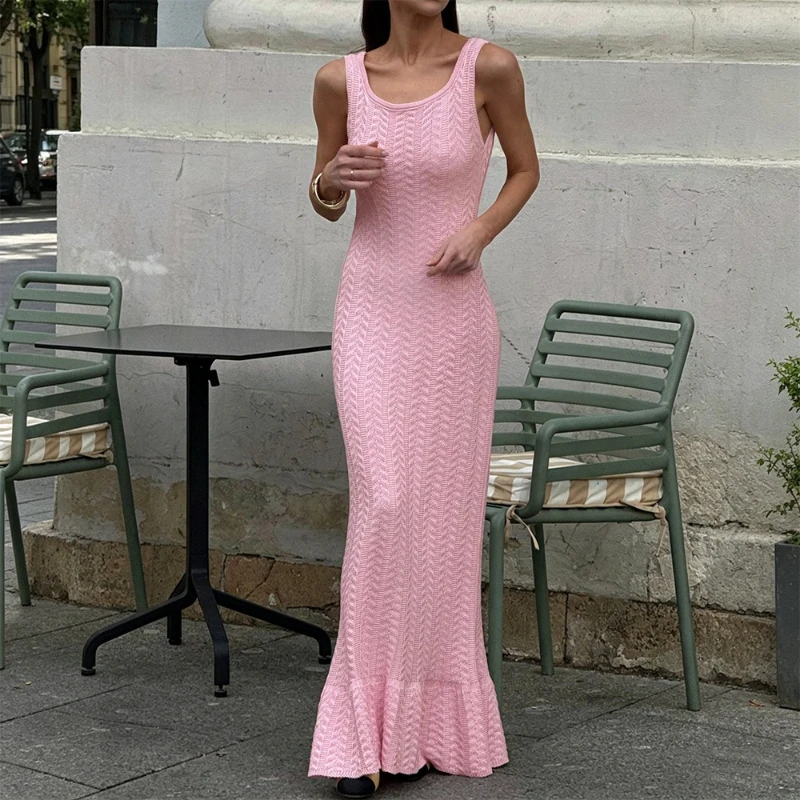 

Tornova Knitted Tanks Long Dress Women Sleeveless Slim Fishtail Hem Commuting Knit Dress Female Summer Casual Vacation Dress