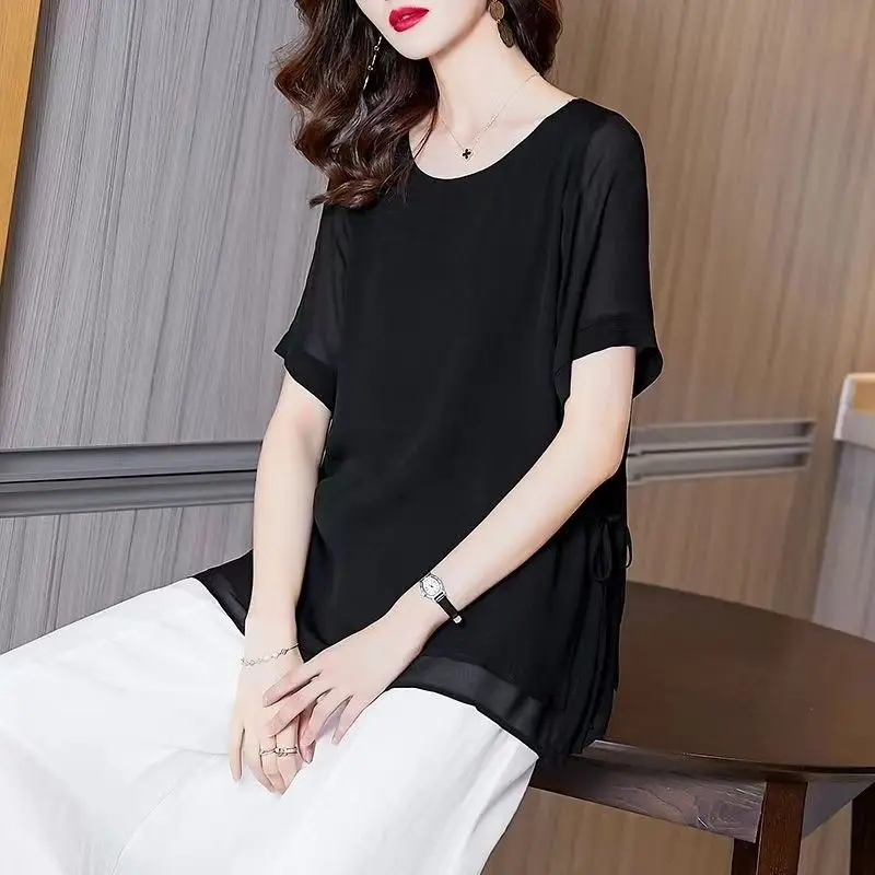 Women Summer Simplicity Loose Fashion Irregular Solid Color O-neck Short Sleeve Chiffon Shirts Ladies Casual Appear Thin Top Tee