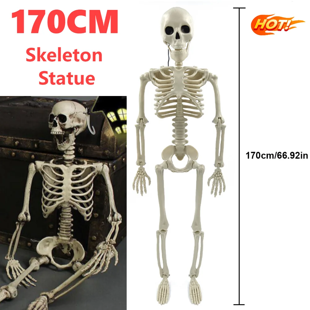 170 cm lebensgroße Skelett-Skulptur, Halloween-Dekorationen, bewegliche Gelenke, Skelett-Statue, Hausgarten-Dekoration, Spukhaus-Requisiten