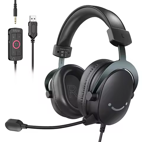 Fone de ouvido FIFINE, entrada de 3,5 mm e fone de ouvido USB com som surround 7.1/controle de volume/interruptor mudo para PC/MAC/PS4/PS5 Mixer-H9