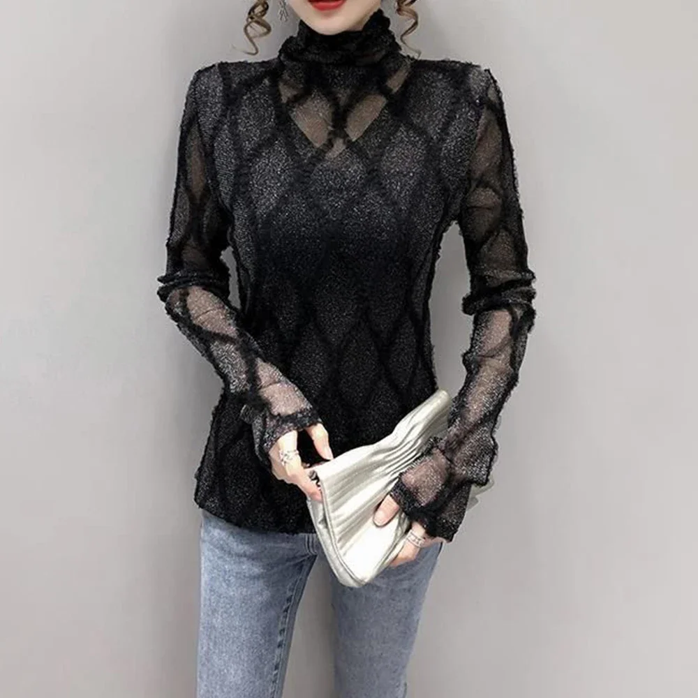 

Women's Mesh Long Sleeve T-shirt Fashion Transparent Shirt Sexy Shirt High Neck Club Fit Elastic Mesh Full Transparent Cute Tops