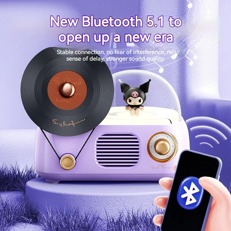 Мультяшная Беспроводная Bluetooth Колонка Kuromi Kawaii Cinnamoroll Ретро проигрыватель виниловых записей AUX аудио музыкальный проигрыватель подарок девочке на день рождения