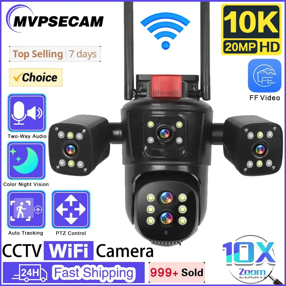 

360° 20MP 10K Security Protection Camera WiFi Outdoor 10X Zoom Five Lens Four Screens CCTV Video Surveillance Auto Tracking PTZ