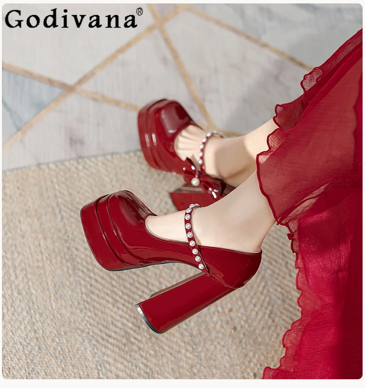 

Lolita Elegant Fairy One-button Bow Pearl Chain High Heels Red Patent Leather Thick Heel Wedding Shoe Women's Single Shoes