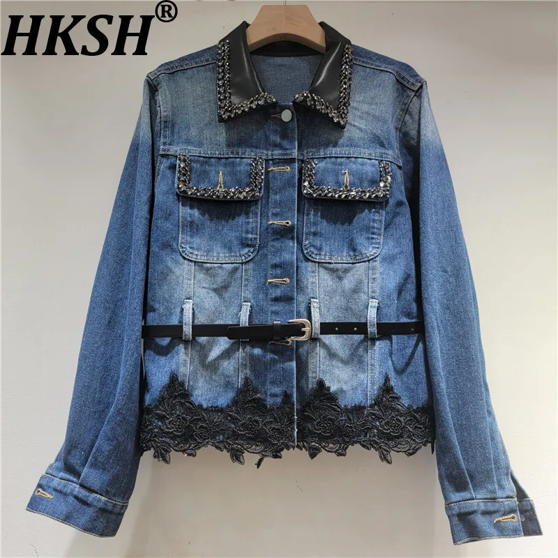 

HKSH весна осень новая женская джинсовая куртка лоскутное кружево цветные блоки однобортные карманы с шипами и бриллиантами Y2K пальто HK15484