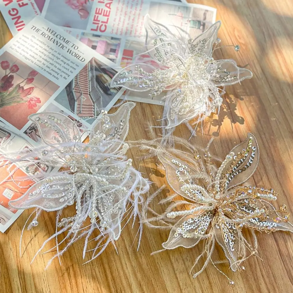 Vintage Feather Pearl 3D Organza Flower Patch Crystal Flower Twisted Wire DIY Sewing Decals Hand-made Applique Decorative