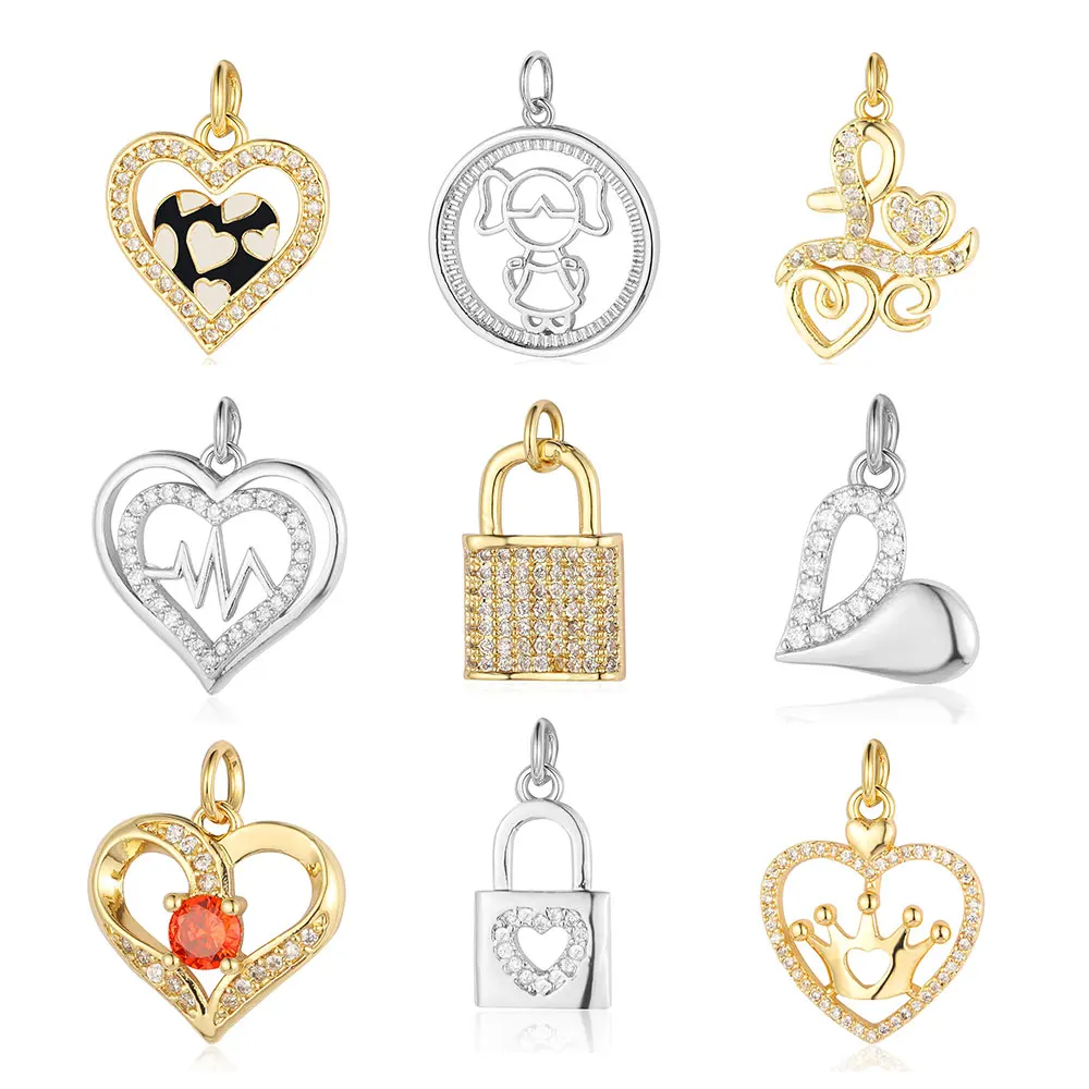 3pcs/Lot Love Heart Beat Copper Cubic Zircon Charm Cross Crown Little Girl Lock DIY Jewelry Bracelet Earring Necklace Pendant