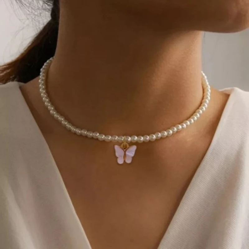 Simple Opal Butterfly Pendant Necklace Elegant Imitation Pearl Chain Choker Trendy Clavicle Chain For Women Gifts