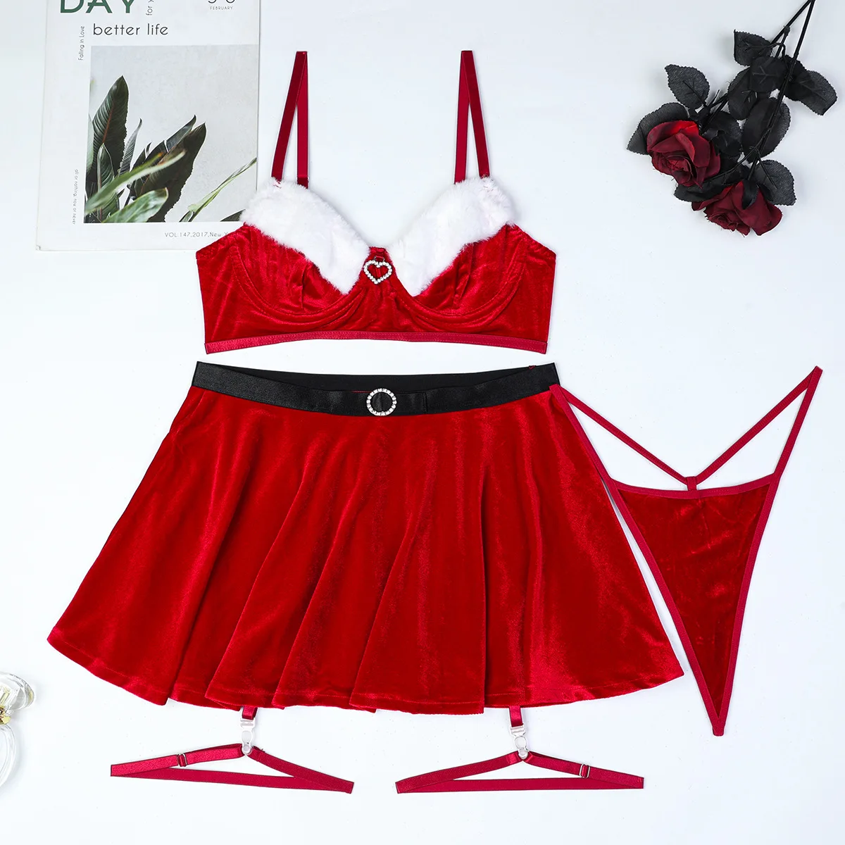 Ellolace natal sexy lingerie pacote feminino veludo senhora sutiã conjunto com saia quente conjunto lingeries luxo roupa fina