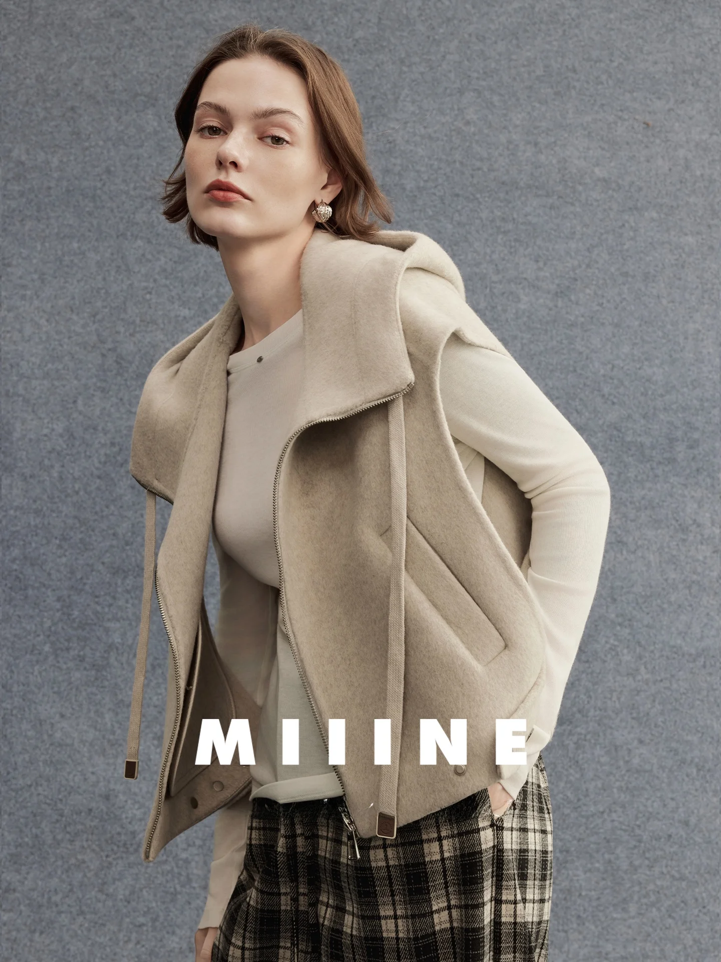 

Двусторонний шерстяной жилет Miiine Camere Blend с шапкой, безрукавный дизайн, для многослойного ношения, женская верхняя одежда, осень-зима, модный