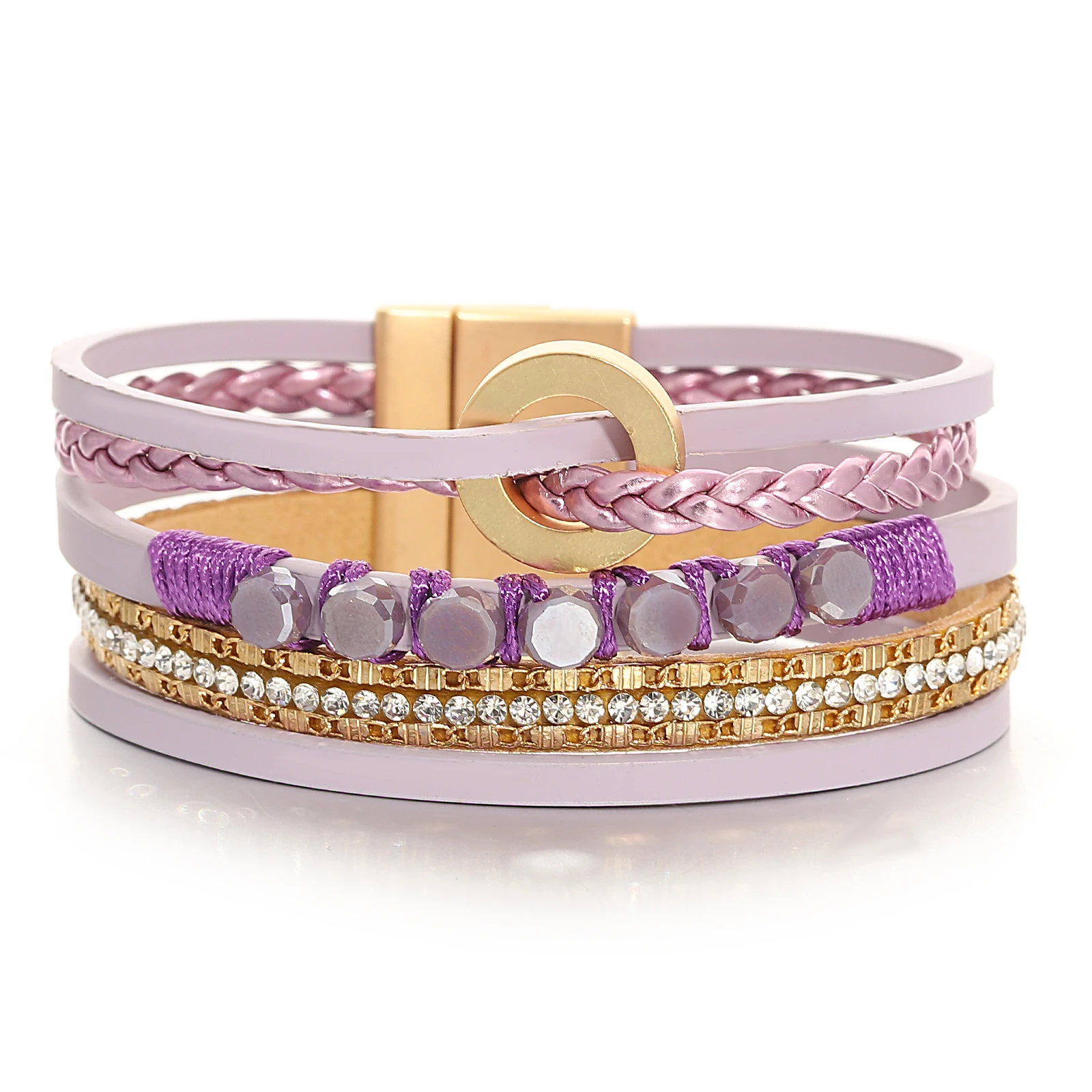 

Amorcome Fashion Heart Purple Woven Multilayer Leather Bracelet for Women Stackable Winding Magnetic Buckle Bangle Hand Jewelry