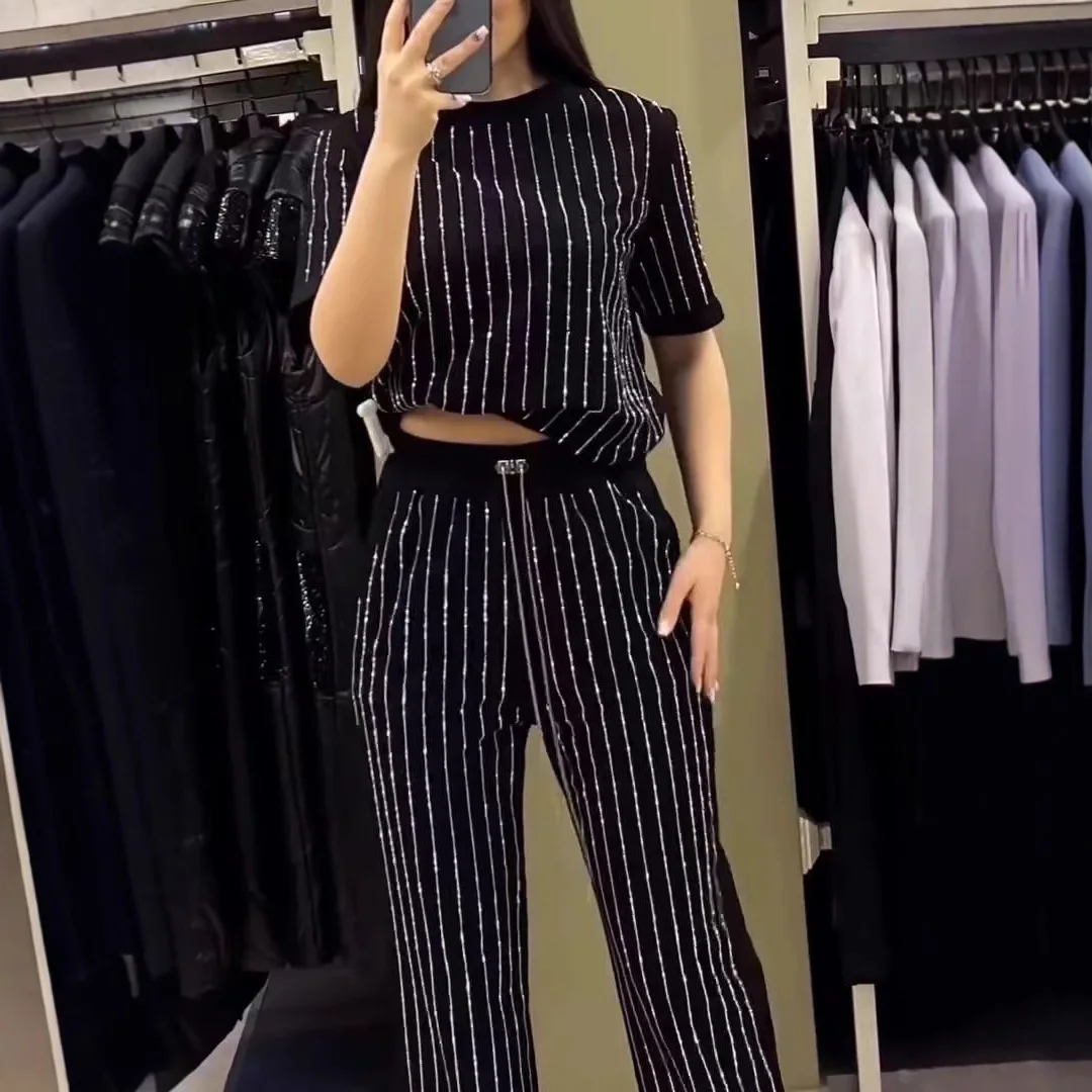 Summer Women Knitted Diamonds Beaded Vertical Striped T-Shirts Rhinestones Short Sleeve Crop Tees + Long Striped Pants 2Pcs Set