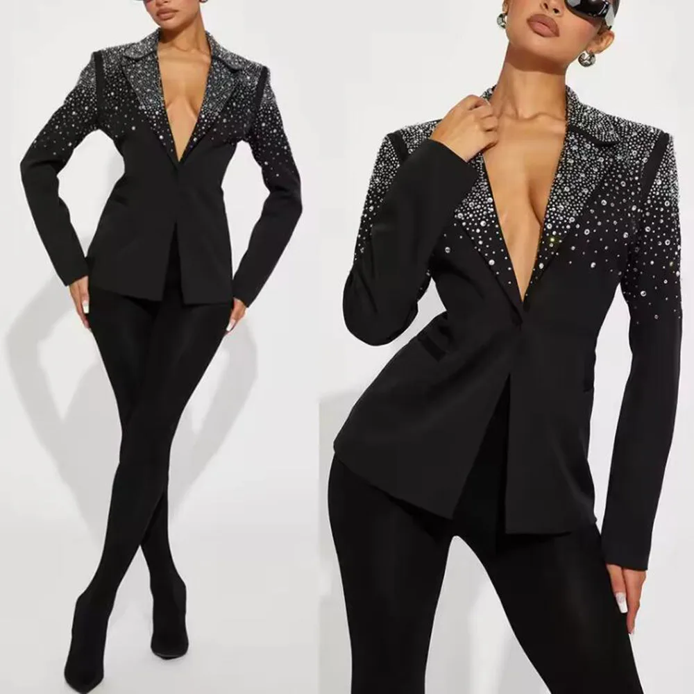 Sparkly Crystals Beads Women Pants Suit 2 Pieces Bride's Mother Dresses Customized Single Breasted Blazers Ladies Business Coat