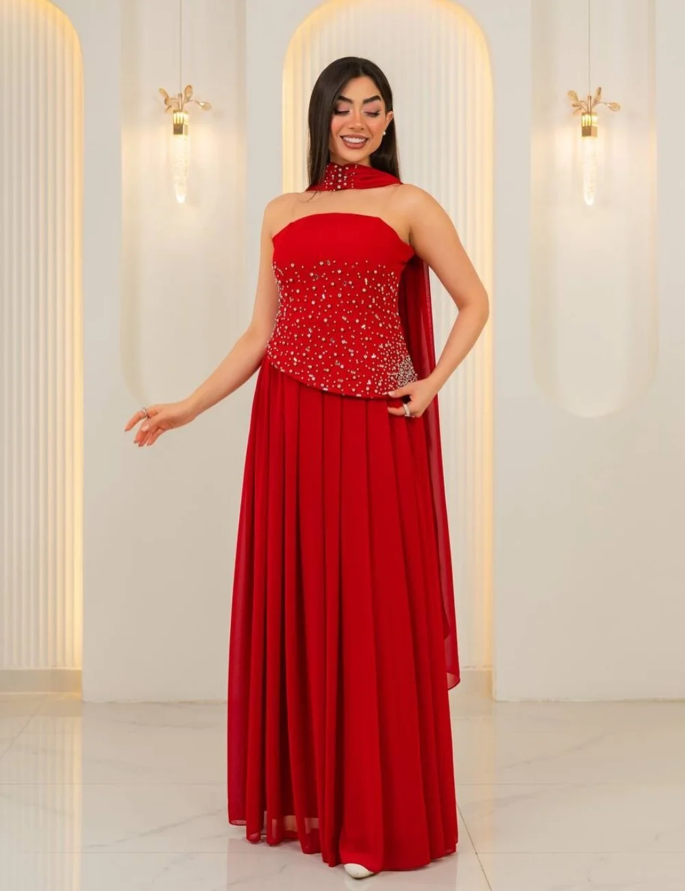 

Customized Red Intricate Sparkle Chiffon Pleat Beading Sequined Rhinestone Shawl A-line Strapless Long Dresses Evening Dresses