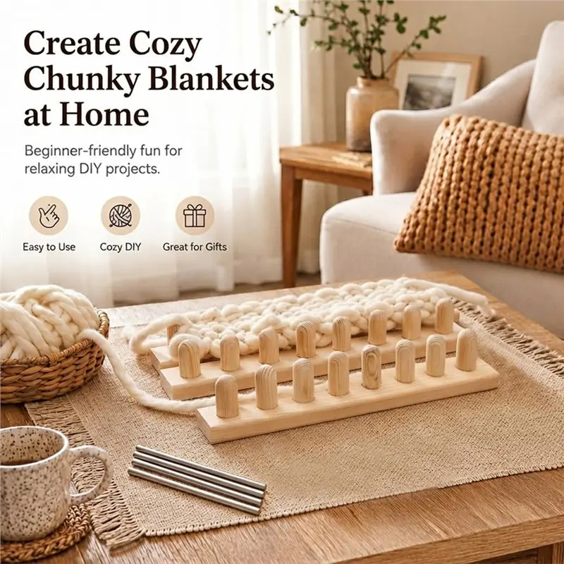 A01F-Wood Hand Knitting Tool For Chunky Yarn- Snag-Free Edges Storage Bag Included Beginner-Friendly Craft Item