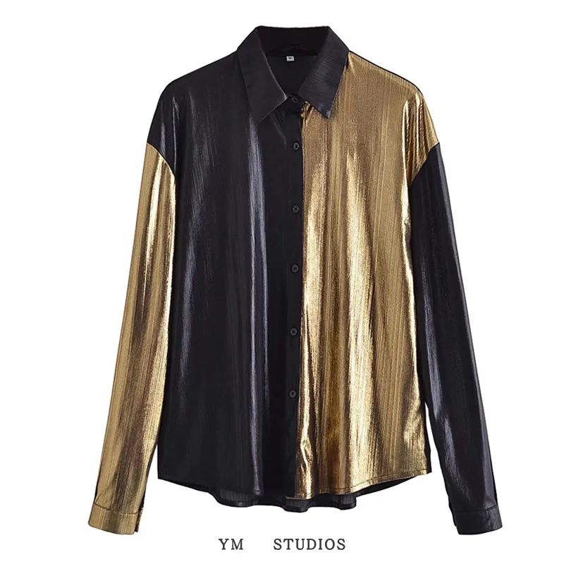 Chic Women Gold and Black Contrast Color Shirt Single Breasted Spliced Gilding Blouses Long-sleeved OL Cardigan Crop Tops Blusas