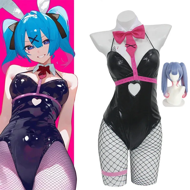 

Мику кролик с отверстием, парик для косплея, черная лакированная кожа, кролик для девочек, сексуальные милые костюмы для косплея на Хэллоуин, головные уборы, одежда с бантиками для девочек