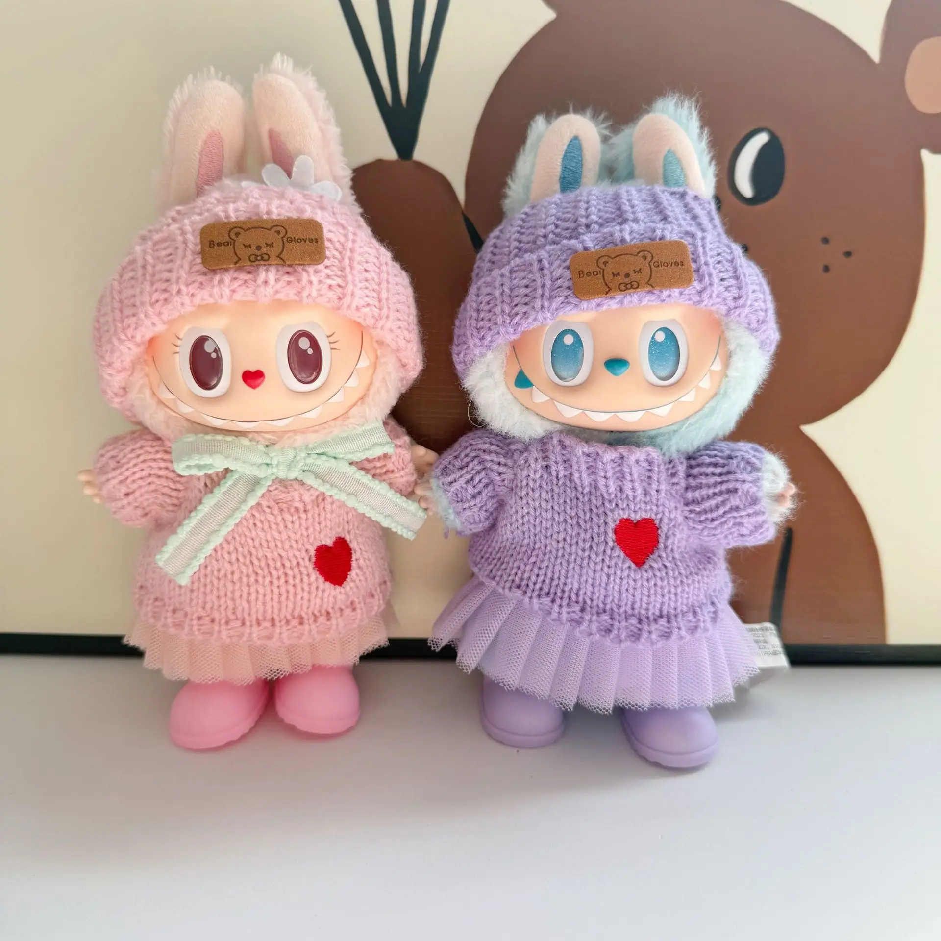 

15/17 Cm LABUBU Doll Clothes 1st 2nd 3rd Gen Heart Knit Sweater Half - Skirt With Bear Logo Hat Shoes Camera Set Plush Dollories