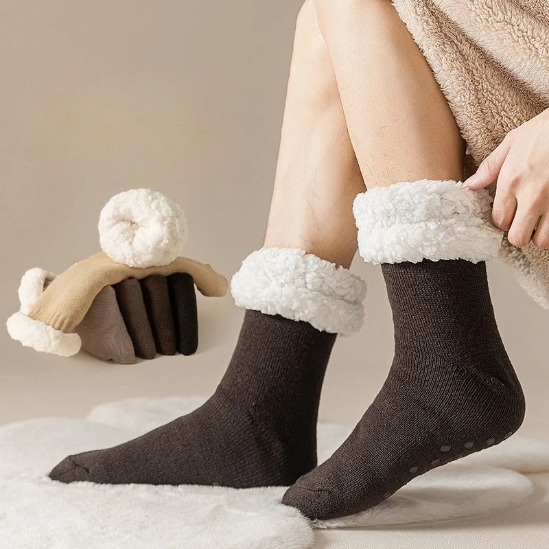جوارب رجالية بلون سادة مع صوف سميك، مقاومة للبرد، دافئة، لاصقة، مضادة للانزلاق، جوارب متوسطة الأنبوب