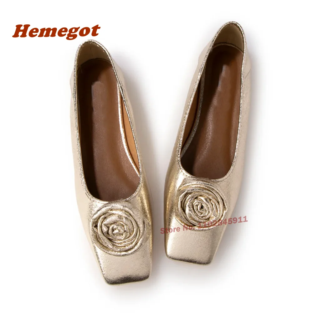 Rose Blume Gold flache Pumps quadratische Zehen flach mit glänzenden Balletts chuhen Sommer solide Damen Pumps neuesten 2024 Luxus schuhe sexy