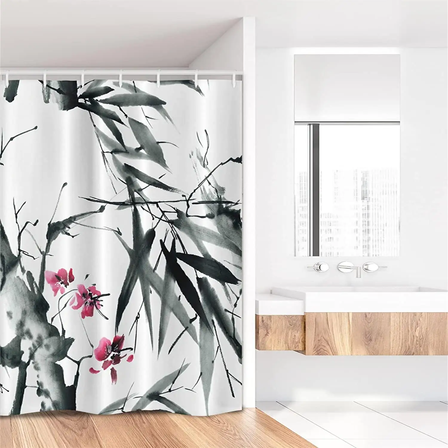 Asian Ink Bamboo Shower Curtains Natural Stems Cherry Blossom Japanese Inspired Folk Print Fabric Bathroom Decor Set with Hooks