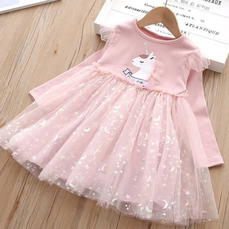 Kids Dresses for Girls Cute Cartoon Unicorn Dress Baby Girls Kawaii Five-pointed Star Moon Mesh Tutu Dress Princess Party Dress