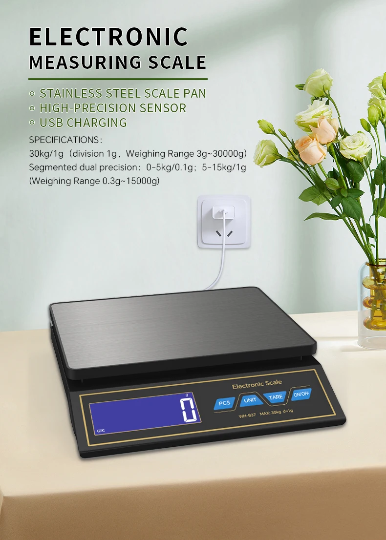 WH-B37C Präzisions-LCD-Digitalwaage 30kg/1g Wiederaufladbare Elektronische Haushaltswaage für Backen und Gesundes Kochen – Detail 1