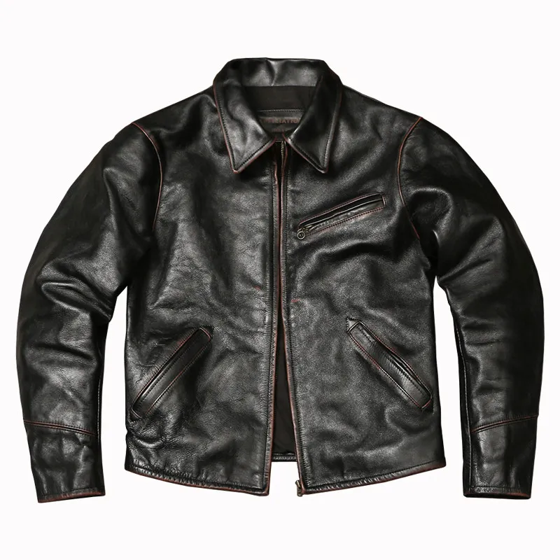 1930 Vintage Distressed Genuine Leather Jacket, Hard Tea Core Cowhide Short Lapel Slim Genuine Coat for Autumn Winter - view 5